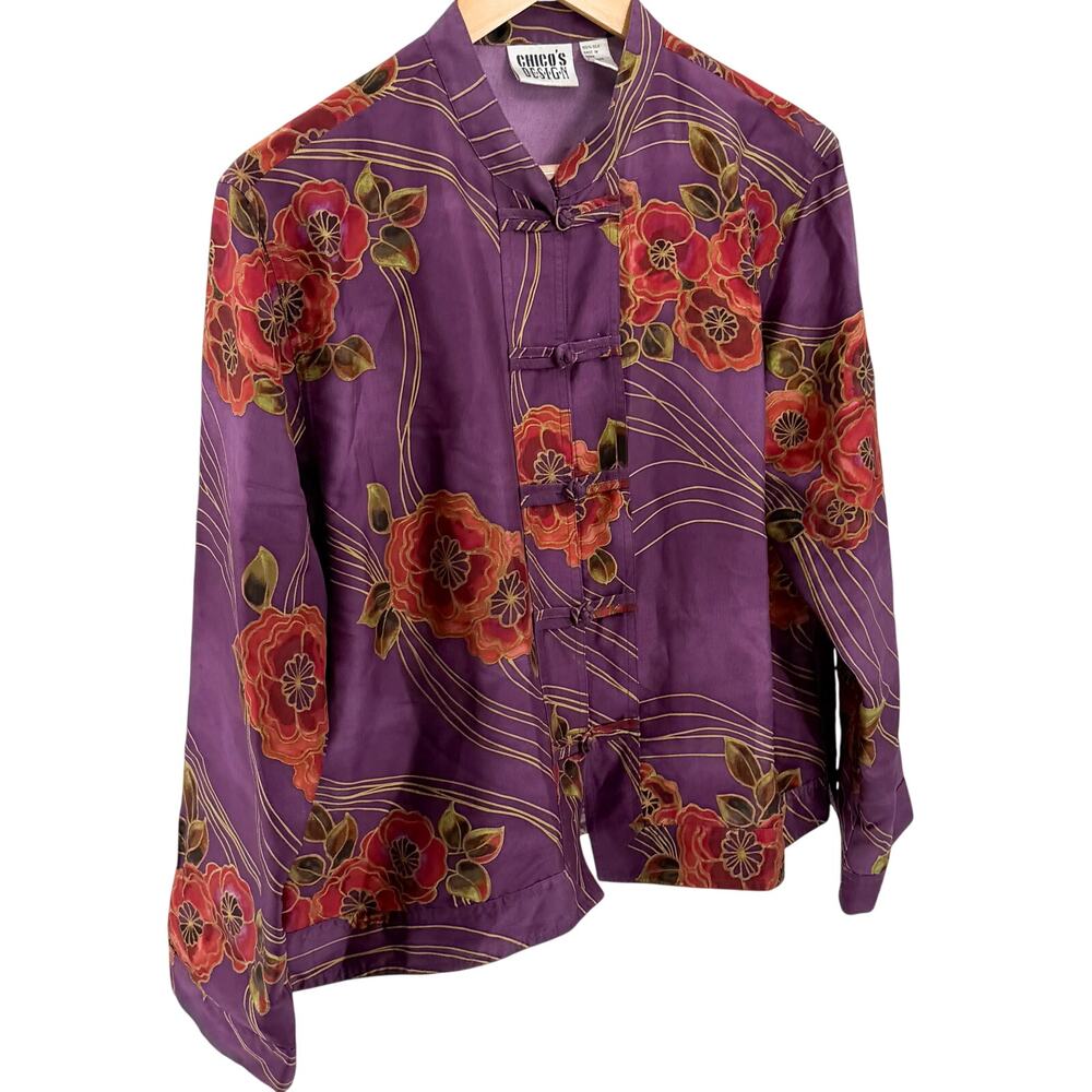 Vintage 90s Chico's Purple 100% Silk Floral Frog Button Mandarin Blouse